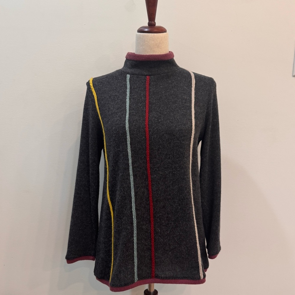 NWOT Elegant Charcoal Turtleneck Sweater with Colorful Stripes